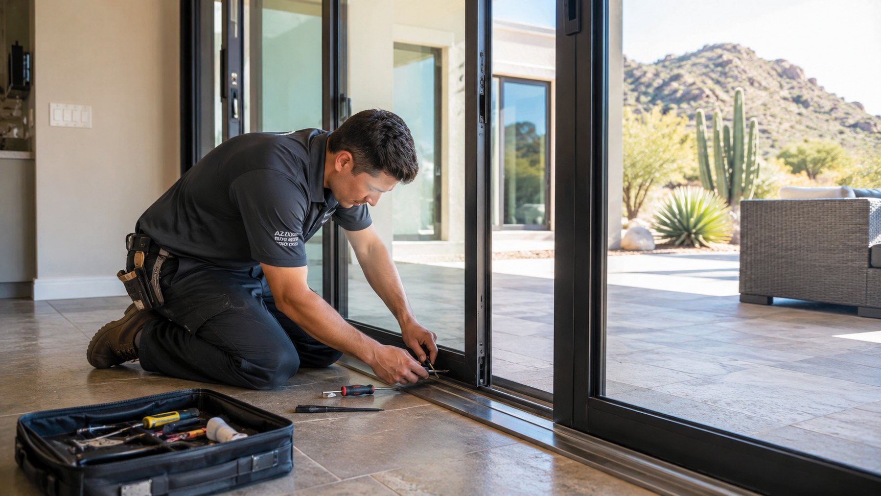 Technician repairing a sliding glass patio door